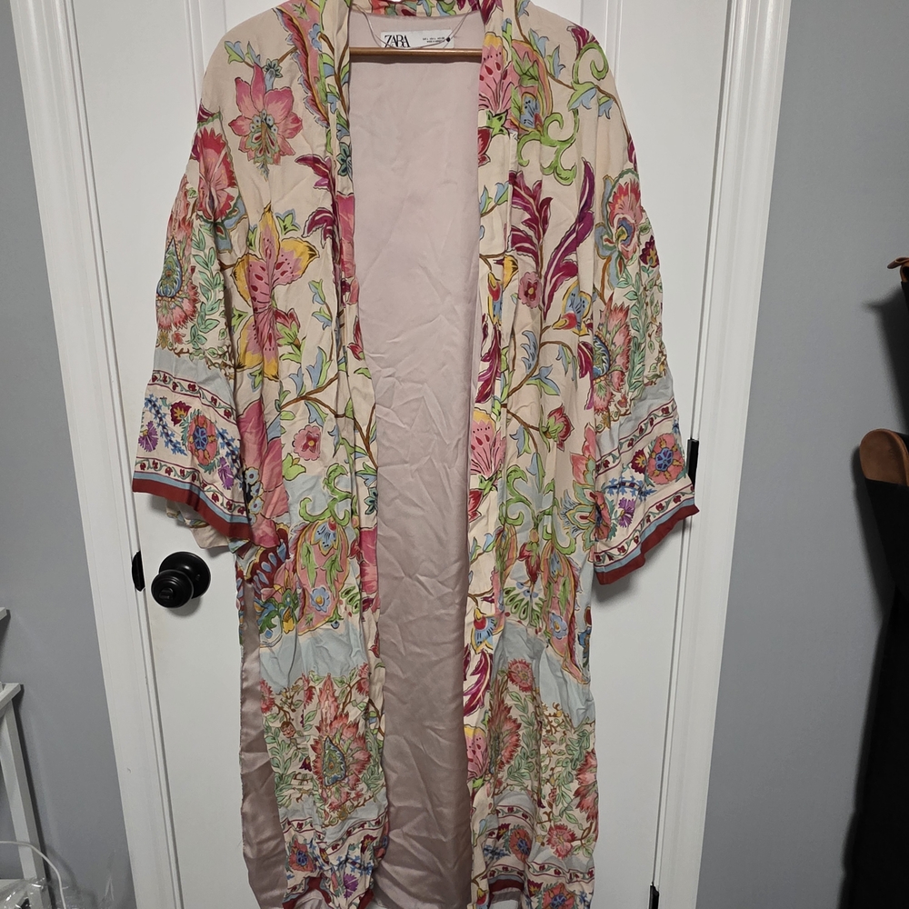Zara Floral Print Satin Robe Kimono - Pink Multi